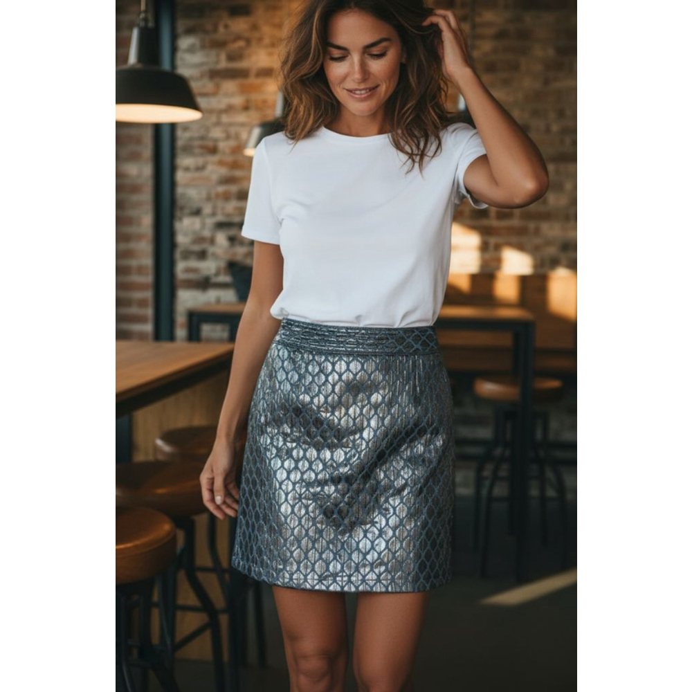 Rachel Roy Signature Silver Metallic Mermaid Scale Skirt with Blue Accents